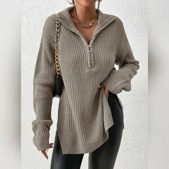 Half Zip Ribbed Knit Drop Shoulder Split Hem Grain Sweater - Picture 1 of 6